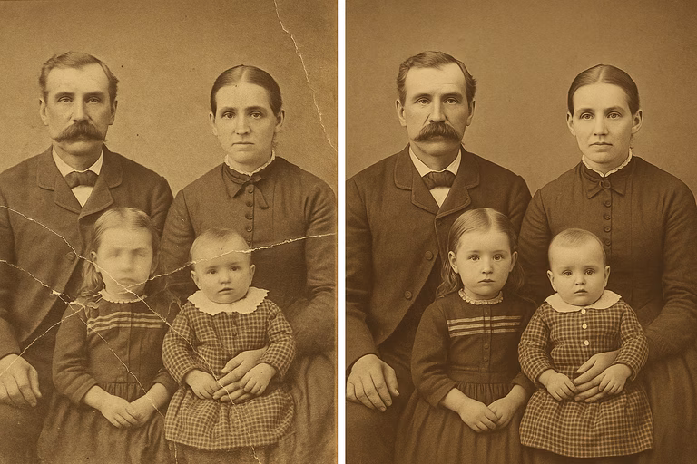 Porównanie dwóch fotografii rodzinnych z XIX wieku: po lewej zniszczone zdjęcie z zagięciami i białymi liniami, po prawej ta sama fotografia odrestaurowana przez AI – wyraźne twarze rodziców i dzieci oraz usunięte uszkodzenia