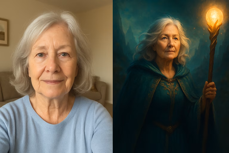 Dwa portrety starszej kobiety: po lewej naturalne selfie w domu, po prawej ta sama osoba przedstawiona w klimacie fantasy jako czarodziejka w płaszczu z magiczną laską.