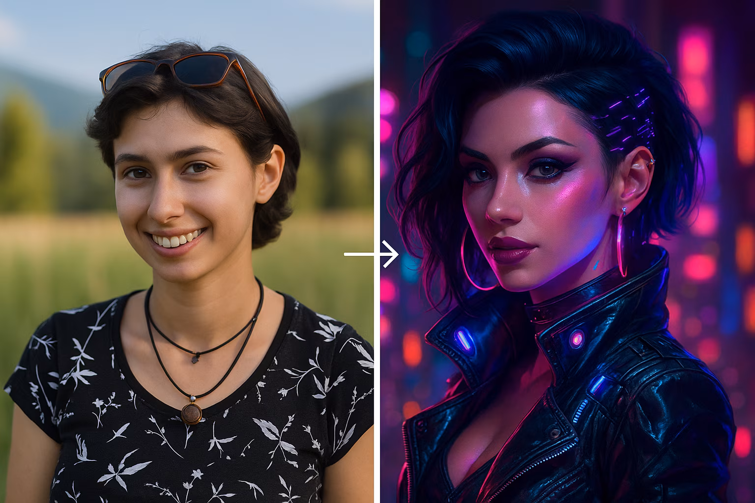 Zestawienie zdjęcia młodej kobiety z wersją w stylu cyberpunk wygenerowaną przez AI – neonowe światło, cyberfryzura i futurystyczny makijaż.