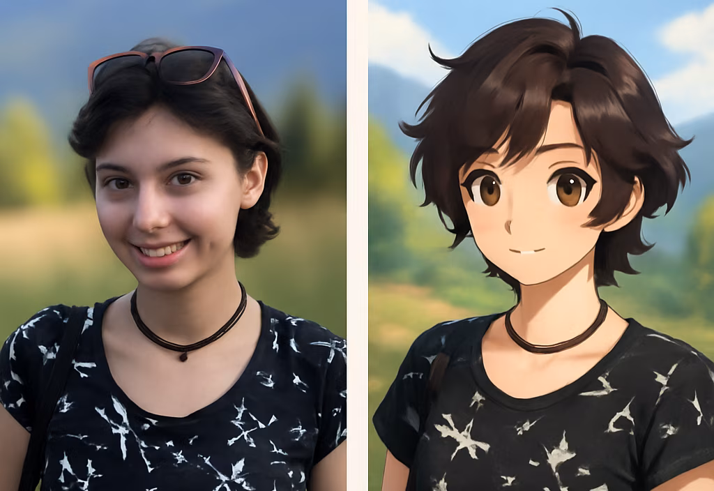 Portret młodej kobiety w stylu „przed i po” – po lewej realistyczne zdjęcie, po prawej wygenerowany portret AI w stylu anime z kreskówkowym tłem.