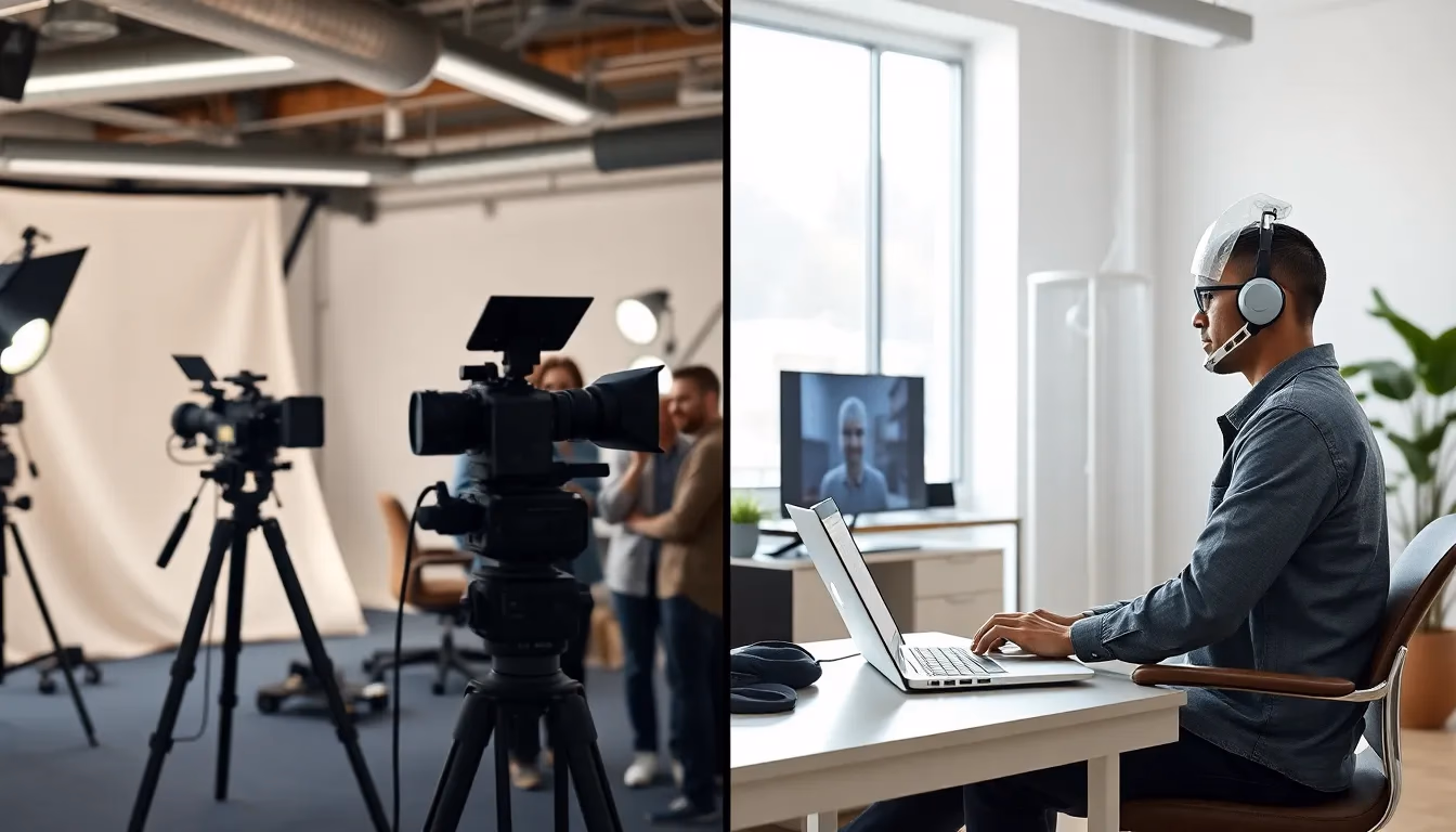 Porównanie tradycyjnej produkcji wideo z pełnym zespołem i generowaniem wideo zasilanym AI na laptopie