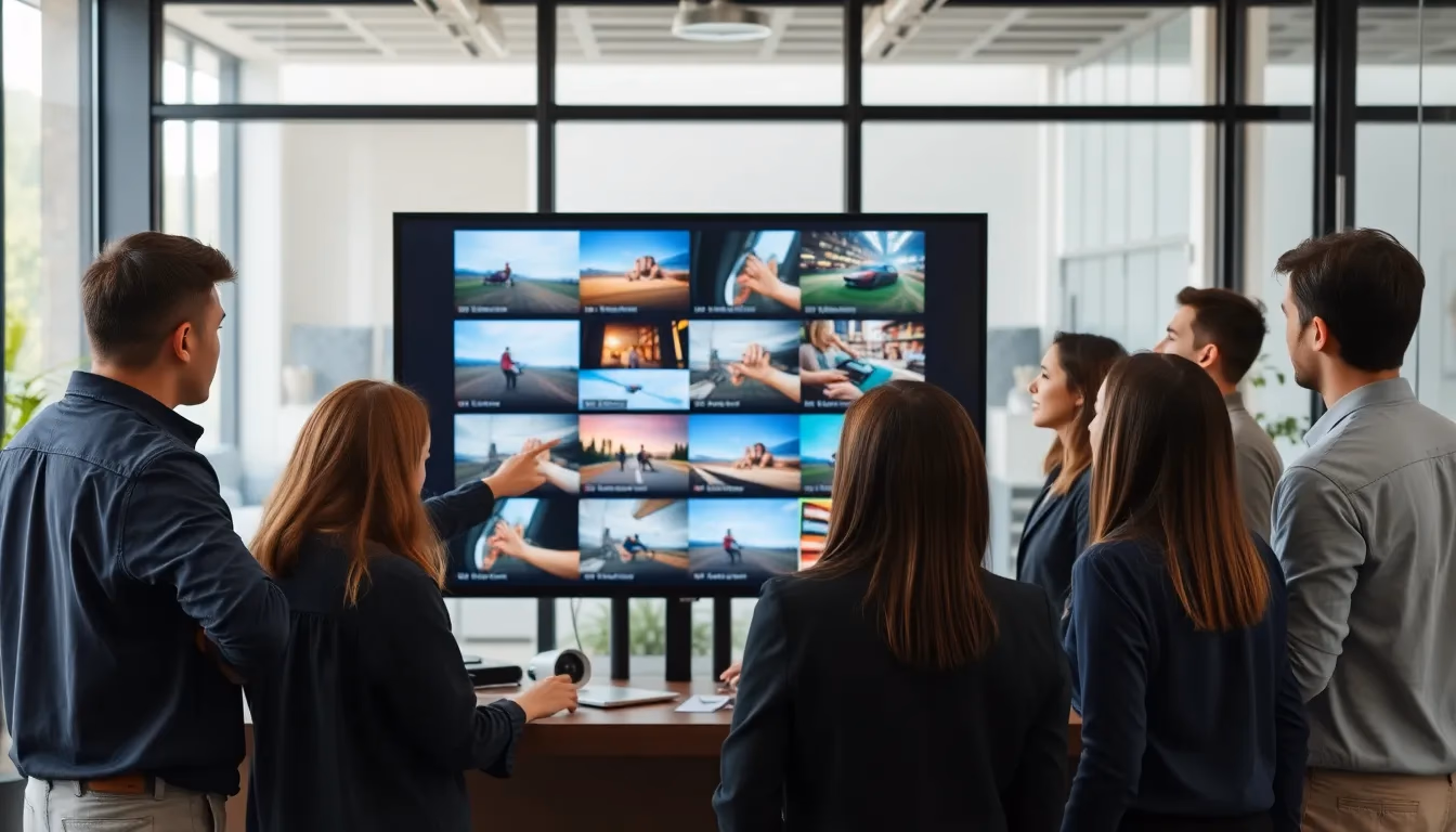 Zespół marketingowy przeglądający wiele AI-generowanych wariantów reklamowych wideo na dużym ekranie