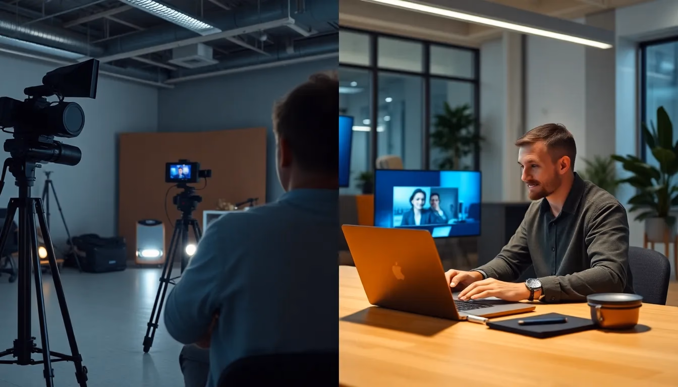 Porównanie tradycyjnego planu filmowego z pełną ekipą i nowoczesnego generowania wideo AI na laptopie