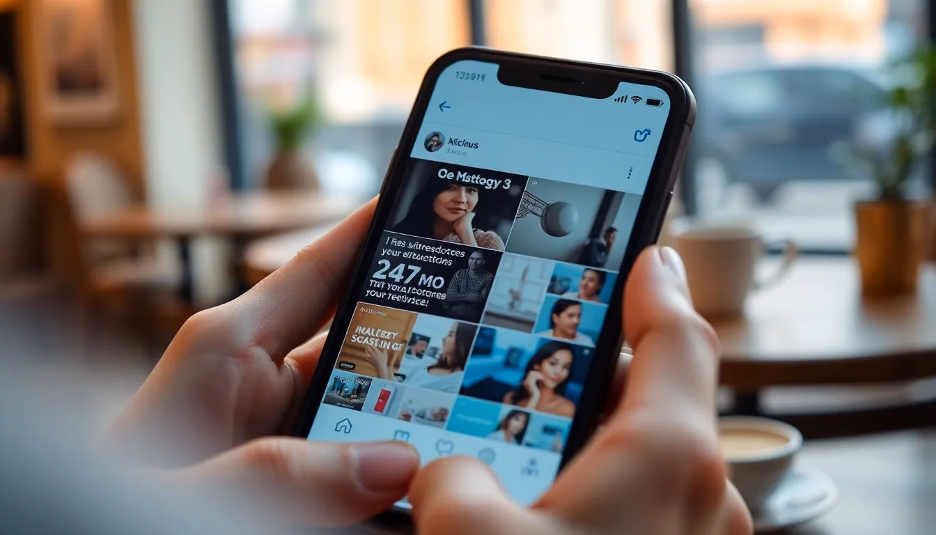 Smartfon wyświetlający kanał mediów społecznościowych z reklamami wideo generowanymi przez AI