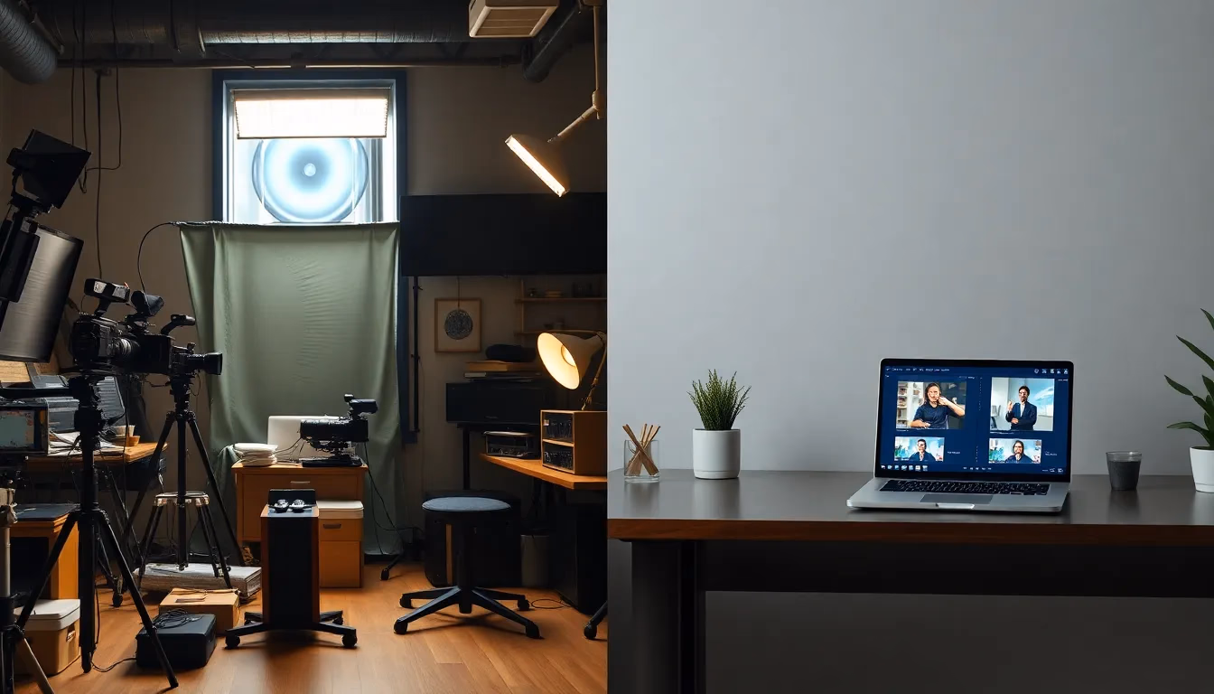 Porównanie side-by-side tradycyjnej konfiguracji produkcji wideo versus nowoczesnego generowania wideo opartego na AI na laptopie