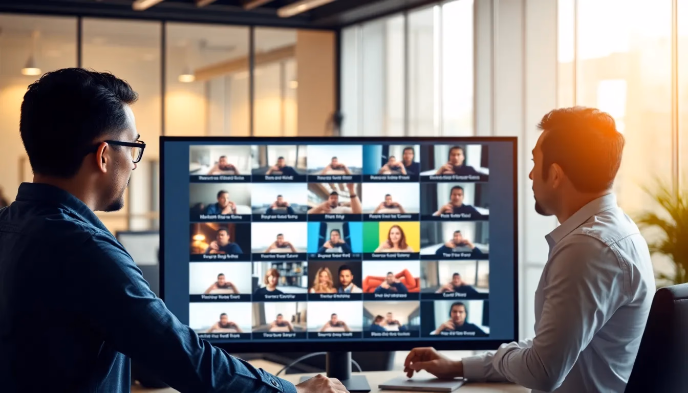 Zespół marketingowy przeglądający wiele wariacji reklam wideo generowanych przez AI na dużym ekranie