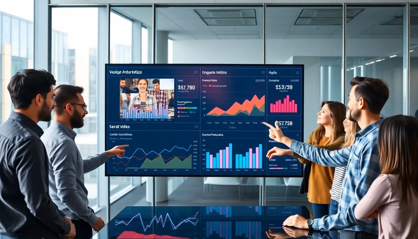 Zespół marketingowy analizujący metryki wydajności reklam wideo AI na dużym wyświetlaczu dotykowym