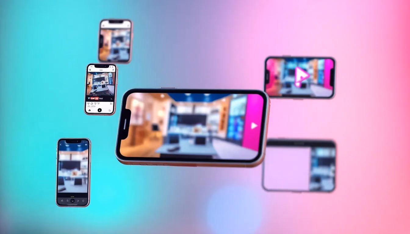 Smartfon wyświetlający reklamę wideo z wieloma wariantami formatów platformy unoszącymi się wokół niego
