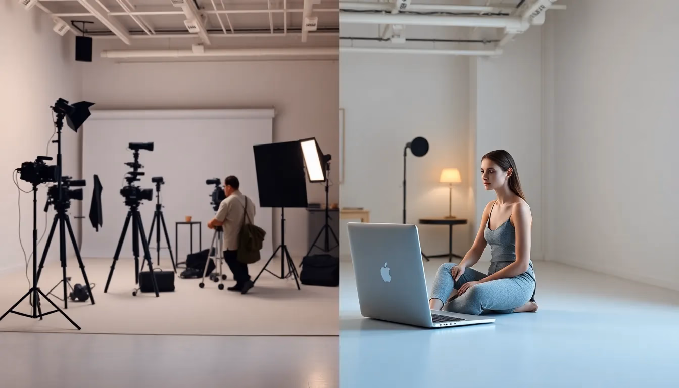 Porównanie tradycyjnego studia fotografii mody i generowania zdjęć modelek opartego na AI na laptopie
