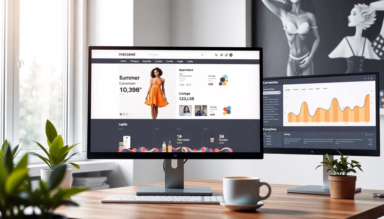 Strona produktu e-commerce zawierająca zdjęcie modelki AI z wyświetlanymi analitykami konwersji na sąsiednim ekranie