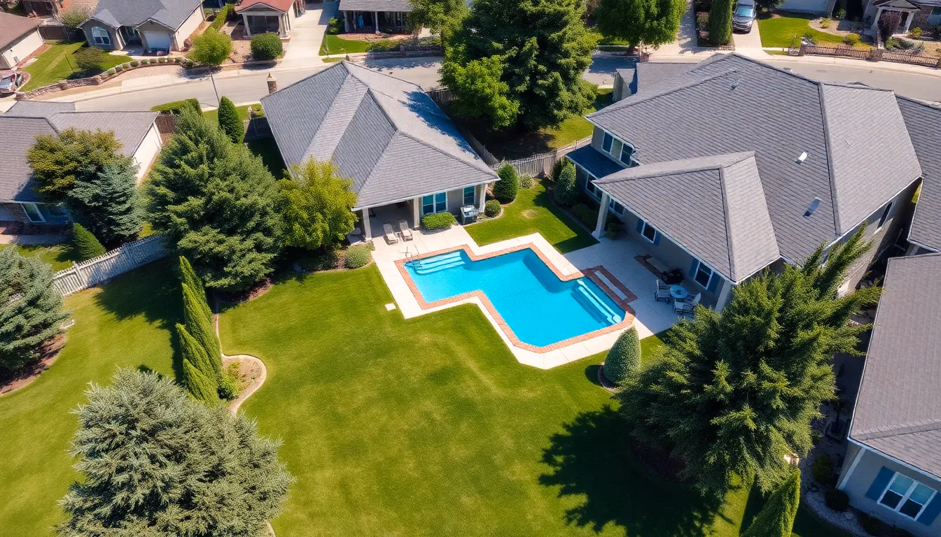 AI-ulepszona lotnicza fotografia dronem nieruchomości mieszkalnej pokazująca podwórko i basen