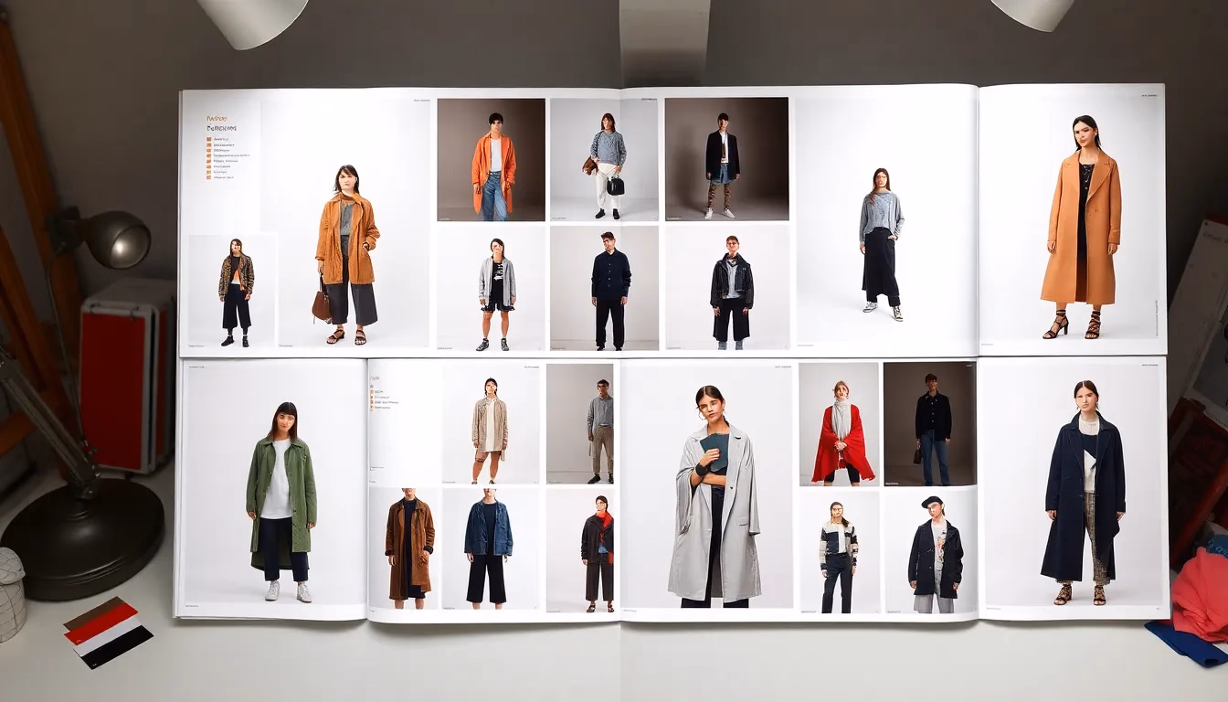 Strona z lookbook-a Fashion z wieloma AI-generowanymi redakcyjnymi zdjęciami ze spójnym stylizowaniem wyświetlonymi na projektanta workspace