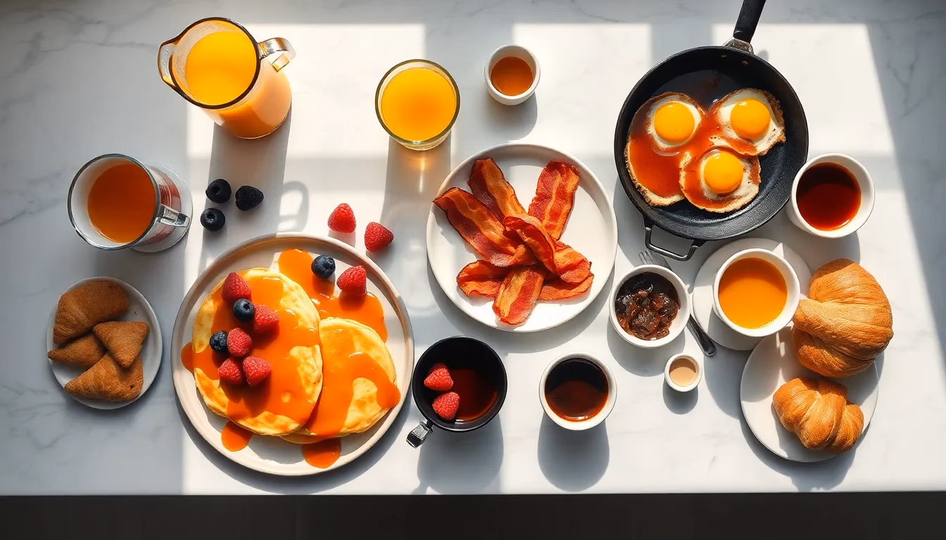 Zdjęcie śniadania z góry w flatlay pokazujące naleśniki, boczek, jajka i świeże wypieki z naturalnym porannym oświetleniem