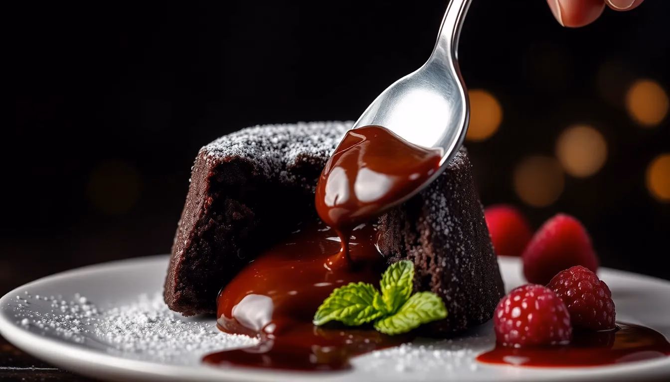 Zbliżenie makro zdjęcie brownie czekoladowego z topliwym centrum wylonym na zewnątrz, profesjonalna fotografia deseru ze dramatycznym oświetleniem