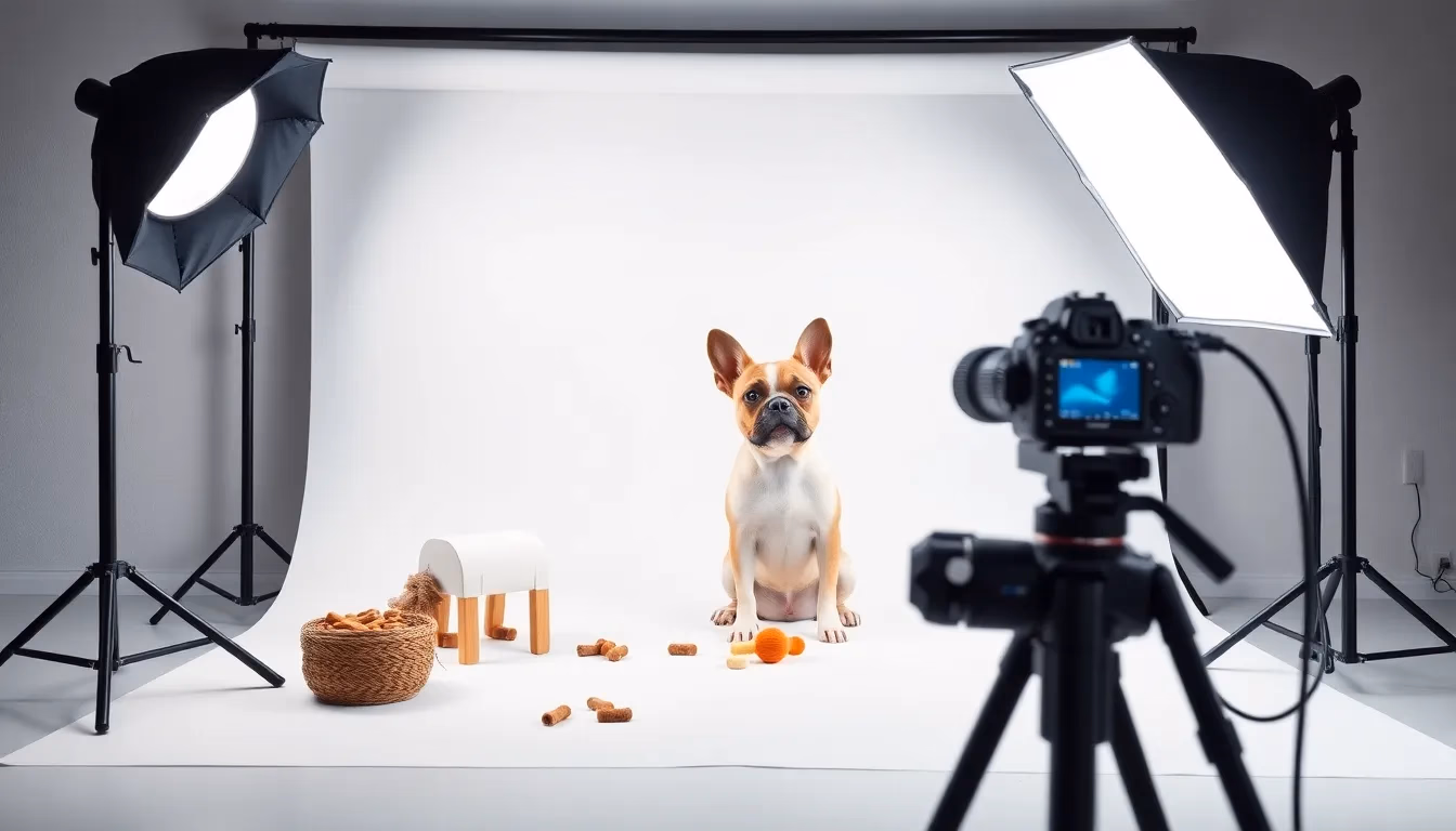 Profesjonalna sesja fotografii zwierząt ze studiem oświetleniowym z szczeniakiem buldoga francuskiego demonstrującym idealne ustawienie oświetlenia i sprzętu dla udoskonalonych AI portretów zwierząt