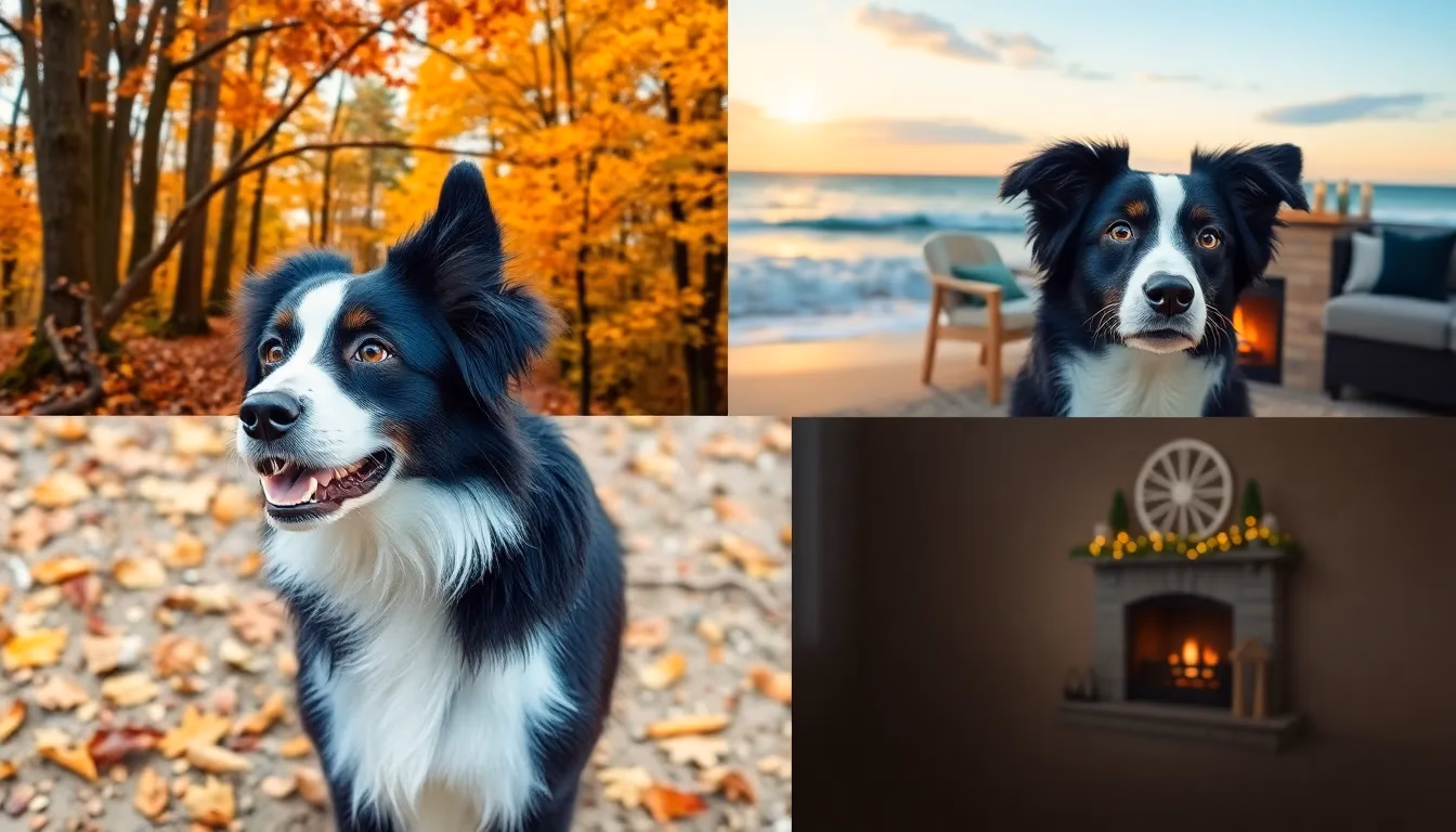 Border collie pokazany w czterech różnych AI-generowanych sezonowych tłach demonstrujący wszechstronność fotografii zwierząt AI do tworzenia zróżnicowanych stylów portretu