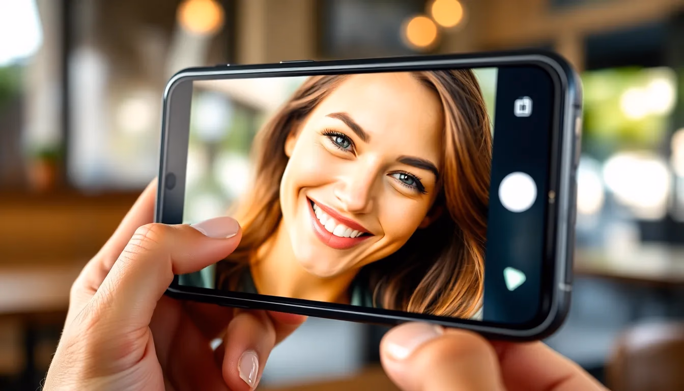Smartfon wyświetlający profil aplikacji randkowej zawierający atrakcyjne zdjęcie wygenerowane przez AI z naturalnym oświetleniem
