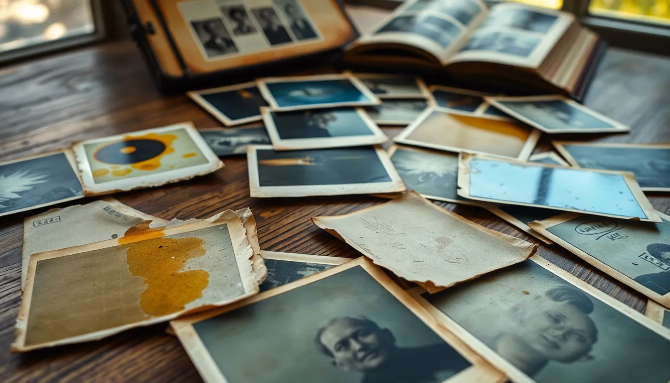 Kolekcja uszkodzonych zdjęć vintage wykazujących typową deteriorację, w tym plamy wodne, pożółkniecie, rozdarcia i wyblakniecie rozłożone na drewnianej powierzchni