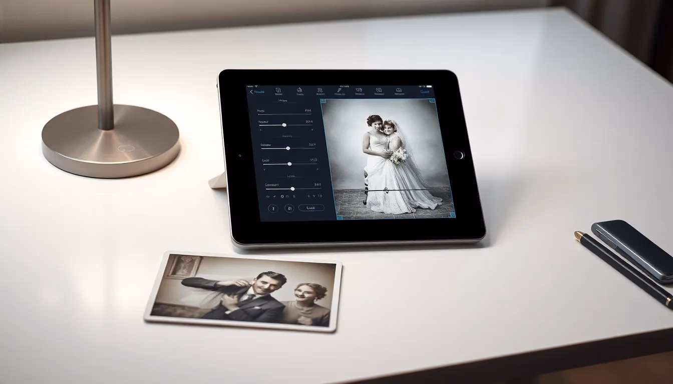 Cyfrowy tablet pokazujący interfejs restauracji fotografii AI aktywnie ulepszający zabytkową fotografię ślubną z oryginalnym uszkodzonym wydrukiem widocznym obok