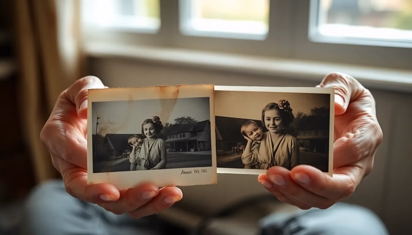 Stare ręce porównujące oryginalną czarno-białą fotografię z wersją koloryzowaną AI pokazującą dramatyczną transformację