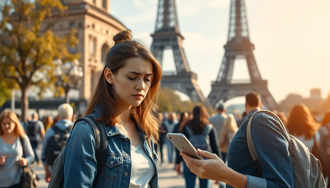 Podróżniczka wyglądająca na sfrustrowaną podczas przeglądania zdjęć na telefonie przed zatłoczonym miejscem turystycznym