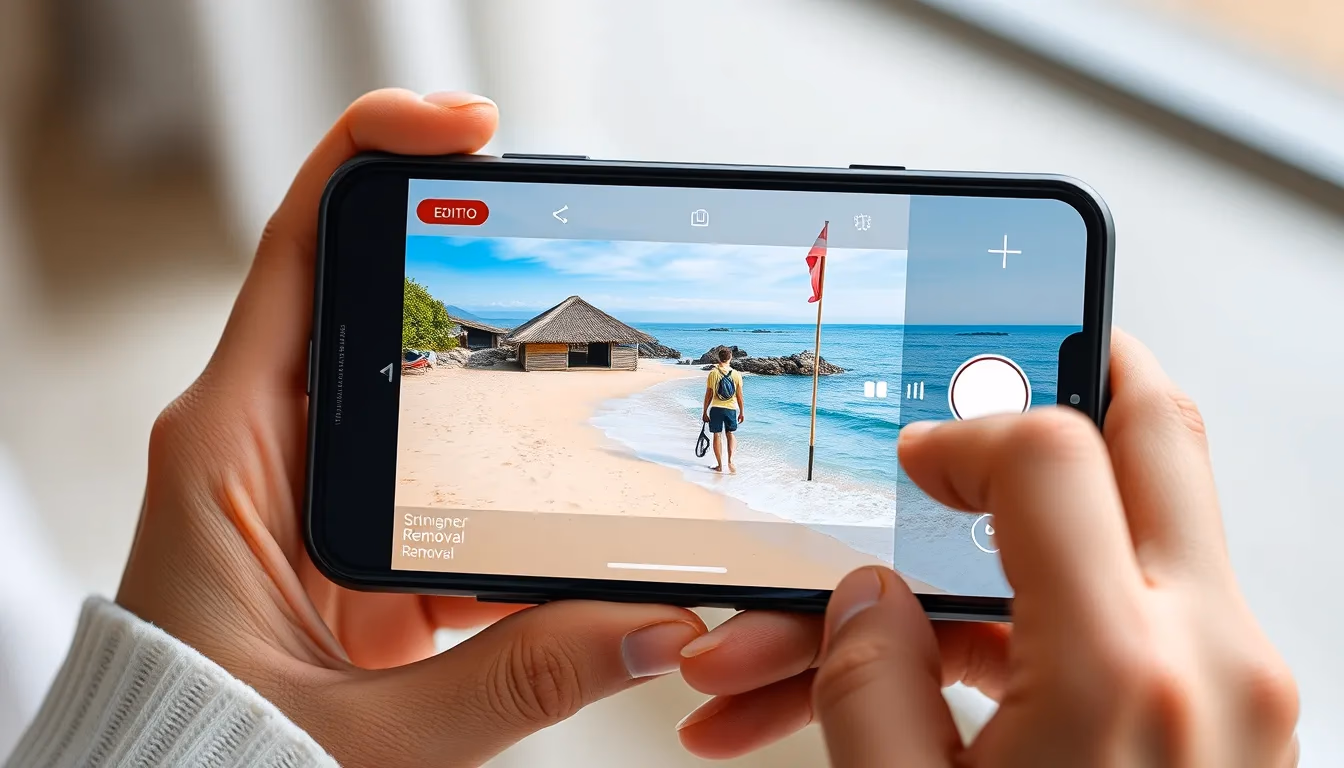 Ekran smartfona pokazujący proces edycji zdjęcia AI w celu usunięcia niechcianej osoby ze zdjęcia plaży