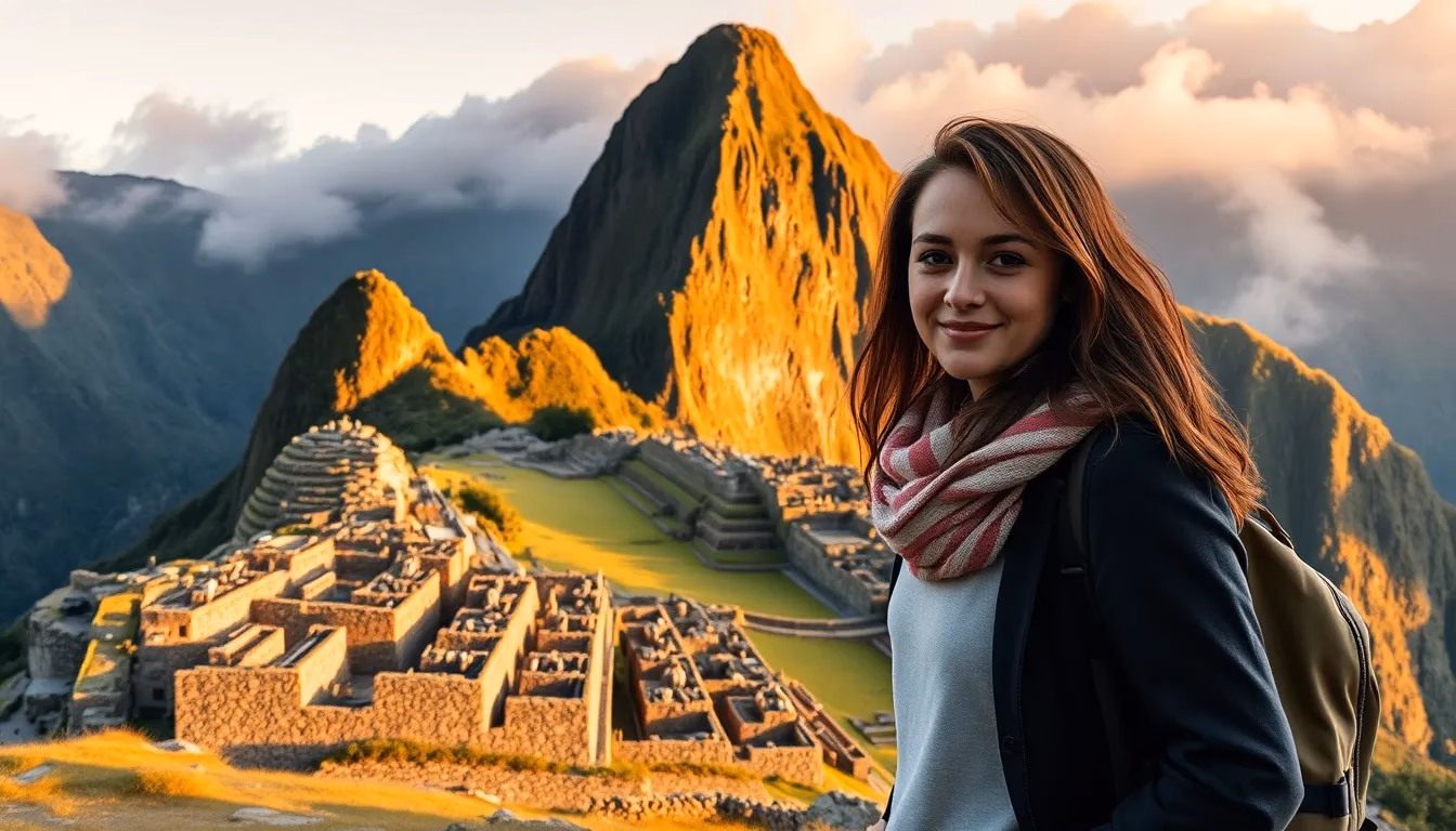 Samotna podróżniczka pozująca przed czystym, wolnym od turystów widokiem Machu Picchu o wschodzie słońca