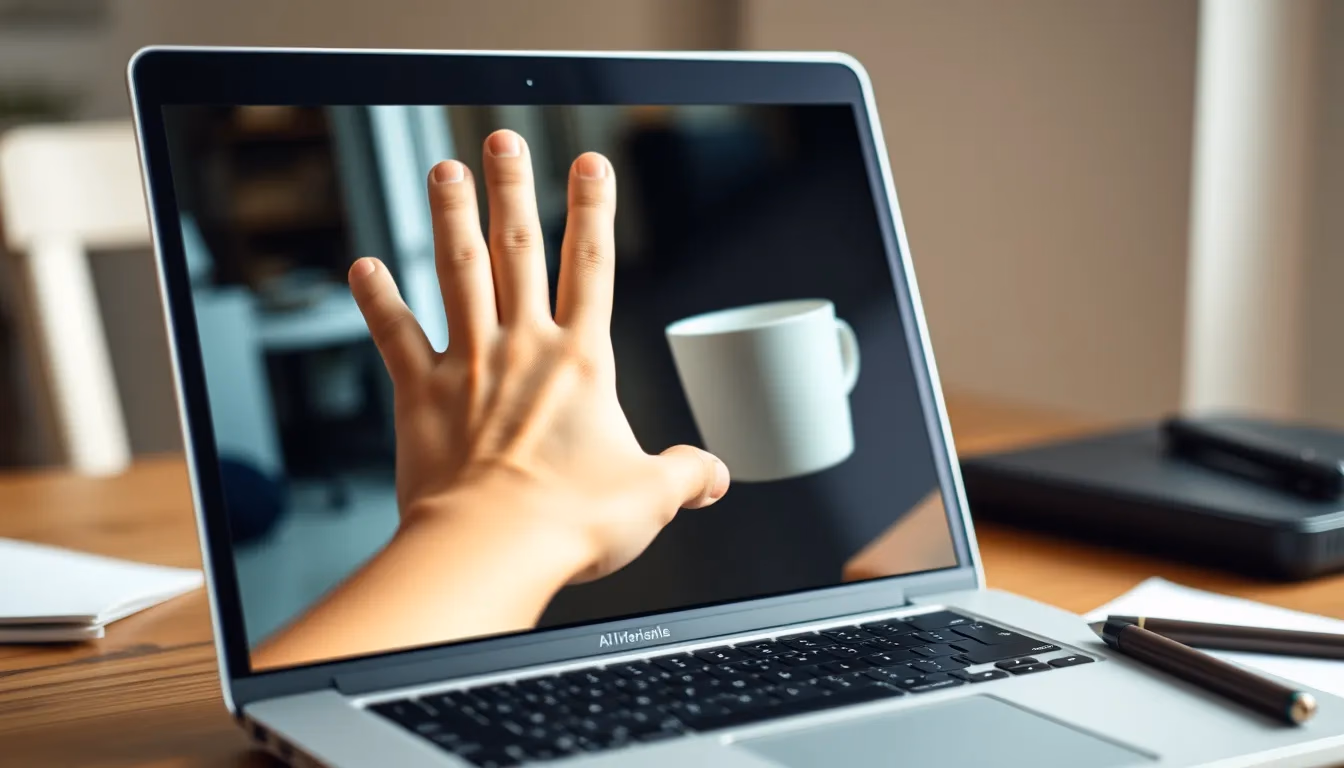 Ekran laptopa wyświetlający klatkę wideo generowaną przez AI z widocznymi artefaktami deformacji ręki