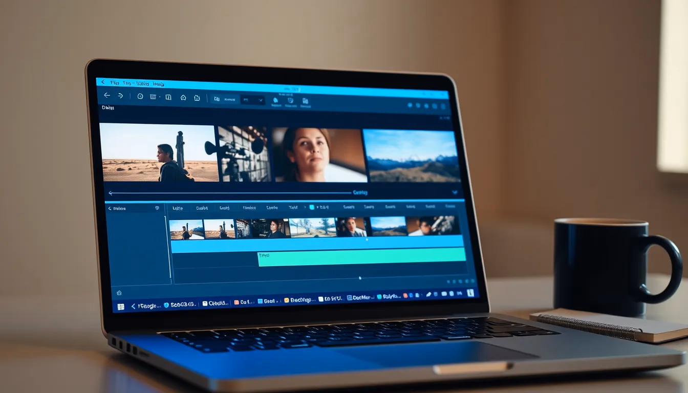 Oprogramowanie do edycji wideo na ekranie laptopa pokazujące oś czasu wideo storytelling z wieloma clipami
